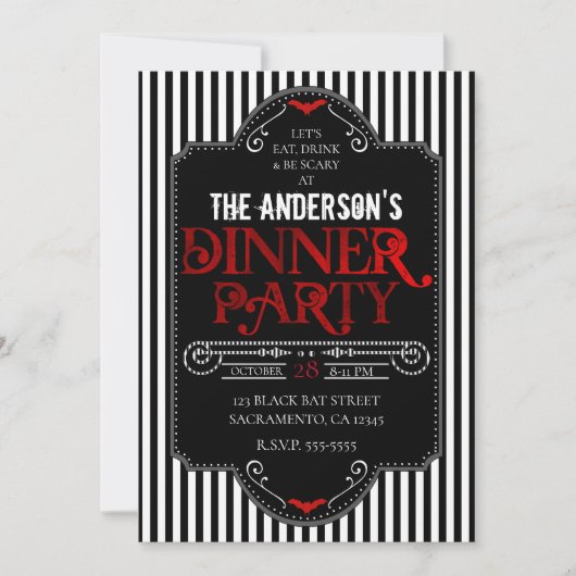 Black White Stripes Red gothic Dinner Party Kaart (Voorkant)