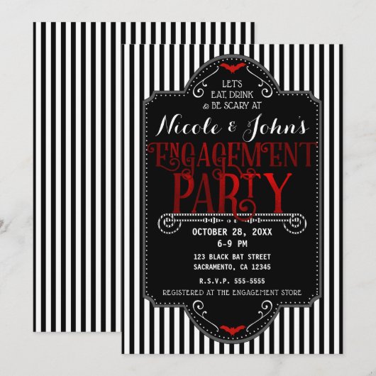 Black White Stripes Red gothic Engagement Party Kaart (Voorkant / Achterkant)