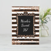 Black & White Stripes Roos Gold Flakes Invitation Kaart (Staand voorkant)