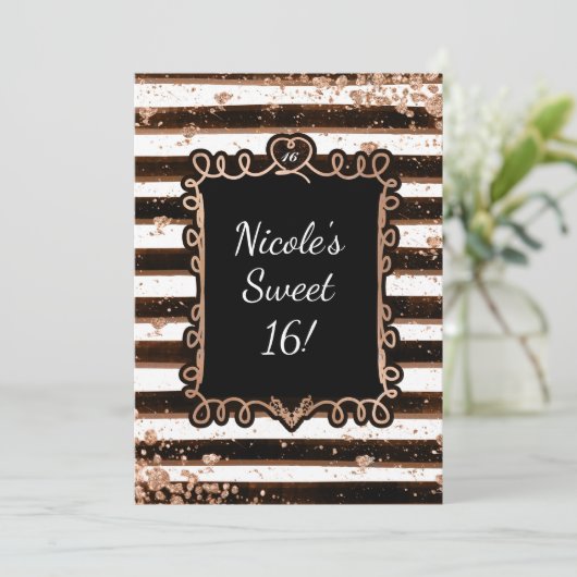Black & White Stripes Roos Gold Flakes Invitation Kaart (Staand voorkant)
