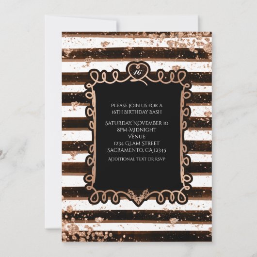 Black & White Stripes Roos Gold Flakes Invitation Kaart (Achterkant)
