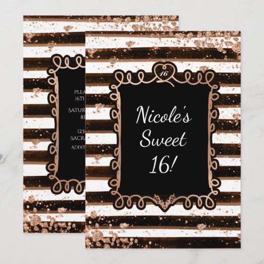 Black & White Stripes Roos Gold Flakes Invitation Kaart (Voorkant / Achterkant)