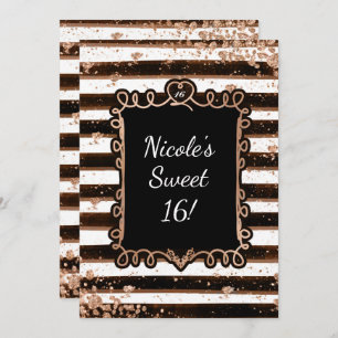 Black & White Stripes Roos Gold Flakes Invitation Kaart