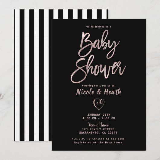 Black White Stripes Roos Gold Pink Baby shower Kaart (Voorkant / Achterkant)