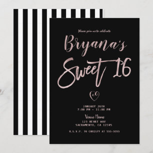 Black White Stripes Roos Gold Pink Chic Sweet 16 Kaart