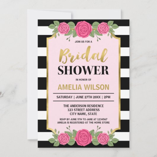 Black White Stripes Rozen Bridal Shower Invitation Kaart (Voorkant)