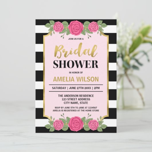 Black White Stripes Rozen Bridal Shower Invitation Kaart (Staand voorkant)