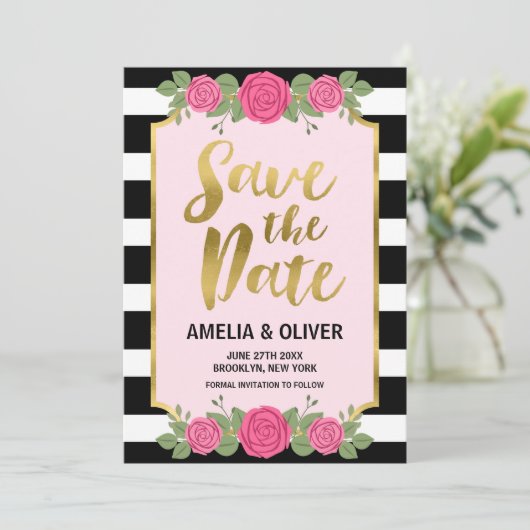 Black White Stripes Rozen Wedding Save the Date (Staand voorkant)