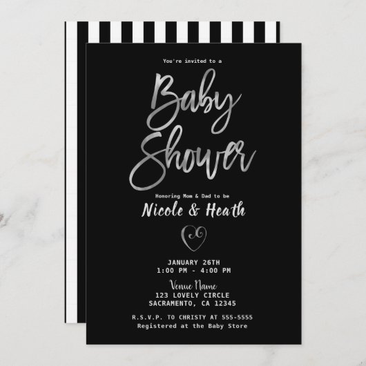 Black White Stripes Silver Chic-Baby shower Kaart (Voorkant / Achterkant)