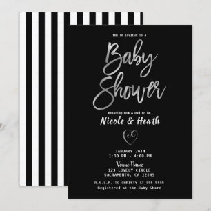 Black White Stripes Silver Chic-Baby shower Kaart