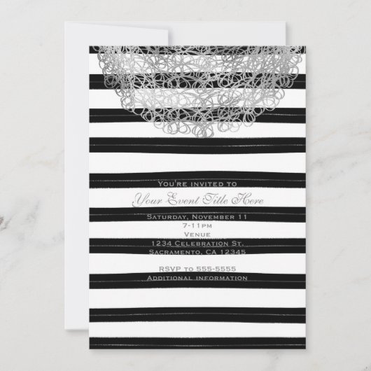 Black & White Stripes & Silver Circle Uitnodiginge Kaart (Voorkant)