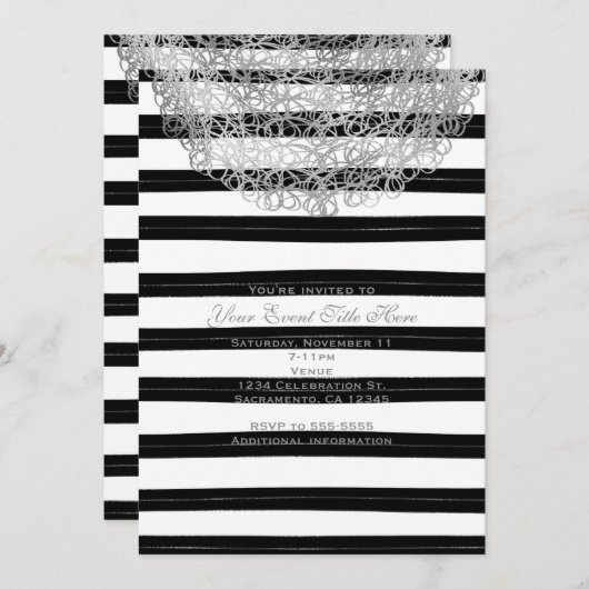 Black & White Stripes & Silver Circle Uitnodiginge Kaart (Voorkant / Achterkant)