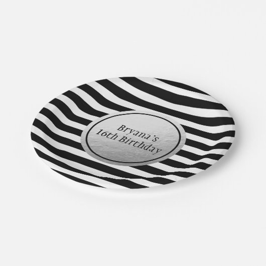 Black & White Stripes Silver Faux Folie Party Papieren Bordje (Gekanteld)