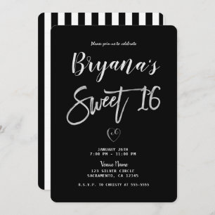 Black & White Stripes Silver Heart Chic Sweet 16 Kaart