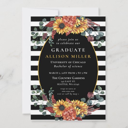 Black White Stripes Sunflower Graduparty Kaart (Voorkant)
