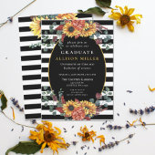 Black White Stripes Sunflower Graduparty Kaart