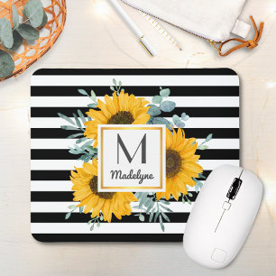 Black White Stripes Sunflower Monogram Muismat