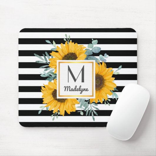 Black White Stripes Sunflower Monogram Muismat (Met muis)