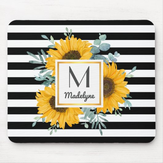 Black White Stripes Sunflower Monogram Muismat (Voorkant)