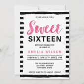 Black & White Stripes Sweet 16 Birthday Invitation Kaart (Voorkant)