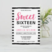 Black & White Stripes Sweet 16 Birthday Invitation Kaart (Staand voorkant)