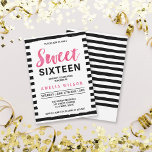 Black & White Stripes Sweet 16 Birthday Invitation Kaart<br><div class="desc">Deze lieflijke 16 uitnodiging bevat een stijlvolle zwarte en witte strepen achtergrond en het woord "Sweet" in roze waterverf. Dit is perfect voor het verjaardagsmeisje dat zestien wordt met een verjaardagsfeestje. Pas deze uitnodiging door de placeholder tekst in de sjabloon te vervangen aan. Klik op de knop "Aanpassen" voor meer...</div>