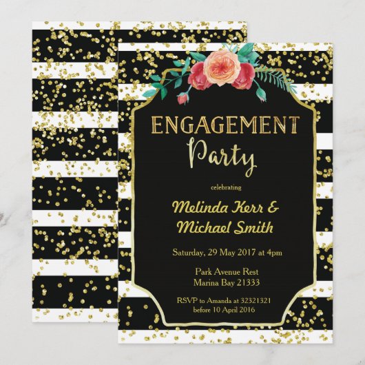 Black & White Stripes verlovingsfeest uitnodiging (Voorkant / Achterkant)