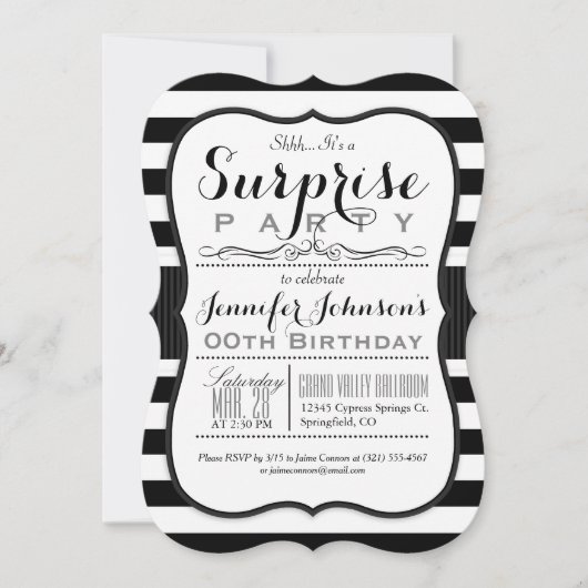 Black & White Stripes Verrassingsfeest Kaart (Voorkant)