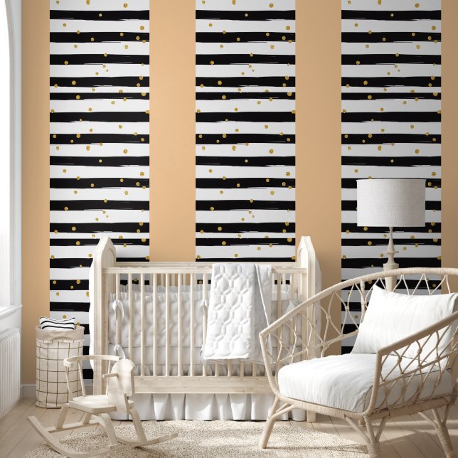 Black White Stripes with Gold Confetti Pattern Behang (Kinderen)