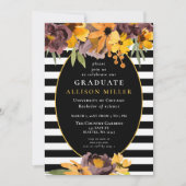 Black White Stripes Yellow Floral Graduation Party Kaart (Voorkant)