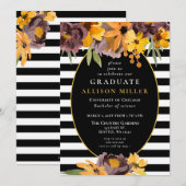 Black White Stripes Yellow Floral Graduation Party Kaart (Voorkant / Achterkant)