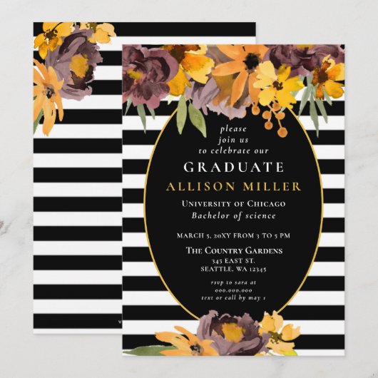 Black White Stripes Yellow Floral Graduation Party Kaart (Voorkant / Achterkant)