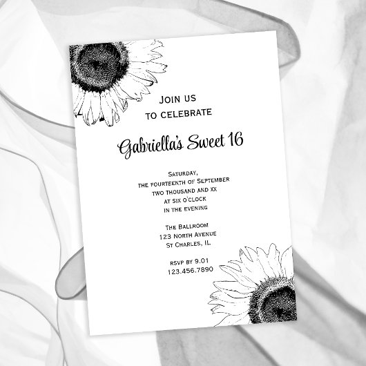Black White Sunflower Sweet 16 Birthday Kaart