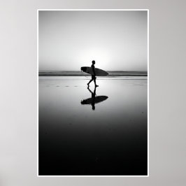 Black & White Surfer bij zonsondergang Poster