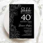 Black White Surprise 40th Birthday Kaart<br><div class="desc">Black White Surprise 40th Birthday Invitation. Het minimalistische moderne feministische ontwerp kenmerkt botanische accenten en typografische manuscriptdoopvont. Eenvoudige bloemige uitnodigingskaart perfect voor een stijlvol vrouw verrassingsfeest. Uitnodigingen op Zazzle afdrukken of sjabloon voor digitaal afdrukken direct downloaden.</div>