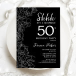 Black White Surprise 50th Birthday Kaart<br><div class="desc">Black White Surprise,  uitnodiging op 50e verjaardag. Het minimalistische moderne feministische ontwerp kenmerkt botanische accenten en typografische manuscriptdoopvont. Eenvoudige bloemige uitnodigingskaart perfect voor een stijlvol vrouw verrassingsfeest. Uitnodigingen op Zazzle afdrukken of sjabloon voor digitaal afdrukken direct downloaden.</div>