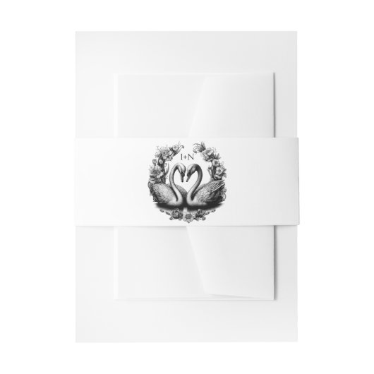 Black & White Swan Wedding Belly Band | Monogram Uitnodigingen Wikkel (Voorkant Voorbeeld)