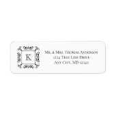 Black White Swirl Floure Initiaal Monogram Etiket (Voorkant)