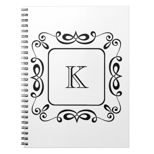 Black White Swirl Floure Initiaal Monogram Notitieboek (Voorkant)