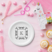 Black White Swirl Floure Initiaal Monogram Papieren Bordje (Feest)