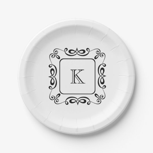 Black White Swirl Floure Initiaal Monogram Papieren Bordje (Voorkant)