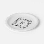 Black White Swirl Floure Initiaal Monogram Papieren Bordje (Gekanteld)