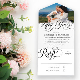Black White Swirls Photo 50th Wedding Jubileum All In One Uitnodiging