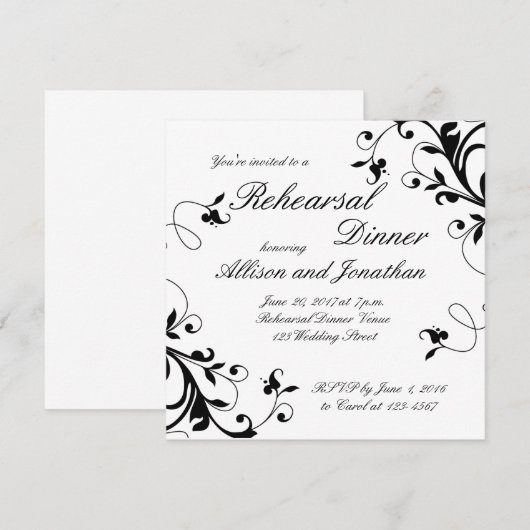 Black White Swirls Rehearsal Dinner Invitation Kaart (Voorkant / Achterkant)