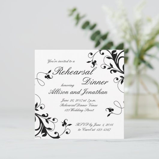 Black White Swirls Rehearsal Dinner Invitation Kaart (Staand voorkant)