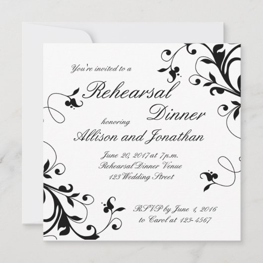Black White Swirls Rehearsal Dinner Invitation Kaart (Voorkant)