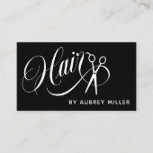 Black White Swirly Script Scissors Hair Stylist Visitekaartje (Voorkant)