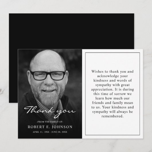Black & White Sympathy Grief Loef Funeral Photo Bedankkaart (Voorkant / Achterkant)