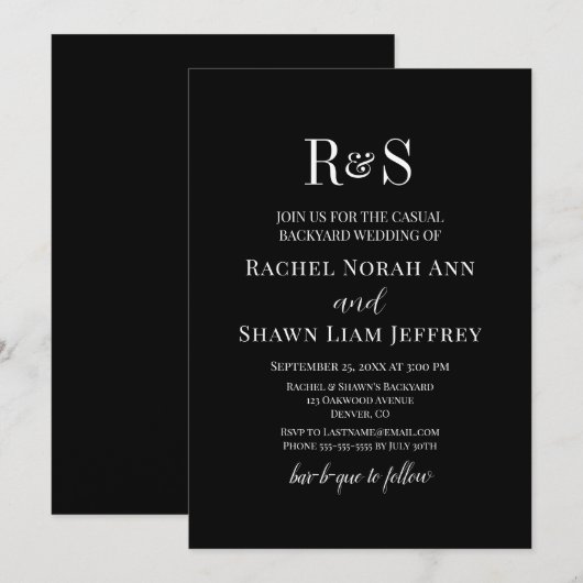 Black & White Text Monogram Backyard Wedding Kaart (Voorkant / Achterkant)