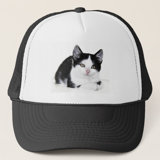 Black White Thoughtful Kitten Trucker Hat Trucker Pet (Voorkant)